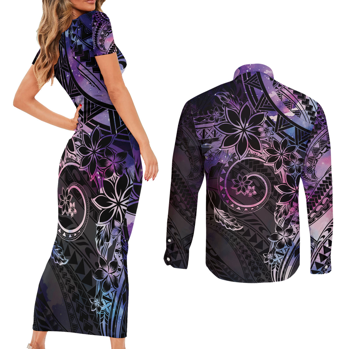 Polynesian Sunset Plumeria Couples Matching Short Sleeve Bodycon Dress and Long Sleeve Button Shirt Galaxy Polynesian Tattoo