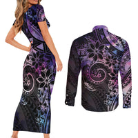 Polynesian Sunset Plumeria Couples Matching Short Sleeve Bodycon Dress and Long Sleeve Button Shirt Galaxy Polynesian Tattoo