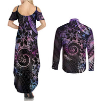 Polynesian Sunset Plumeria Couples Matching Summer Maxi Dress and Long Sleeve Button Shirt Galaxy Polynesian Tattoo