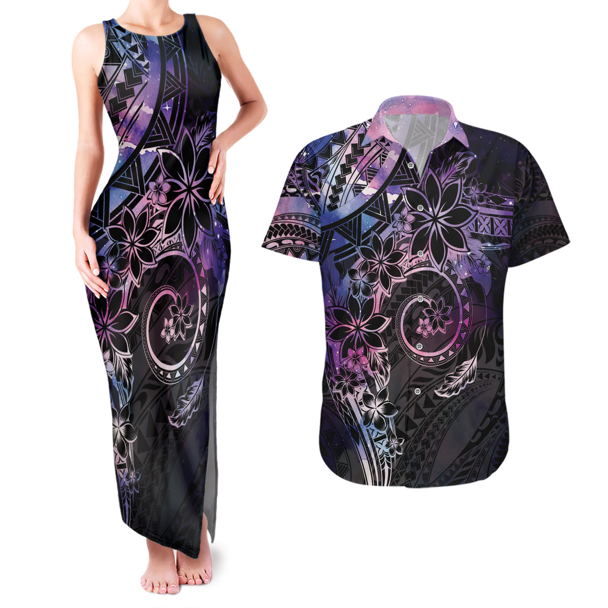 Polynesian Sunset Plumeria Couples Matching Tank Maxi Dress and Hawaiian Shirt Galaxy Polynesian Tattoo