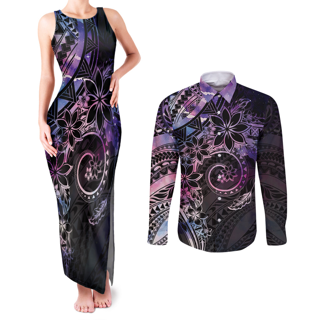 Polynesian Sunset Plumeria Couples Matching Tank Maxi Dress and Long Sleeve Button Shirt Galaxy Polynesian Tattoo