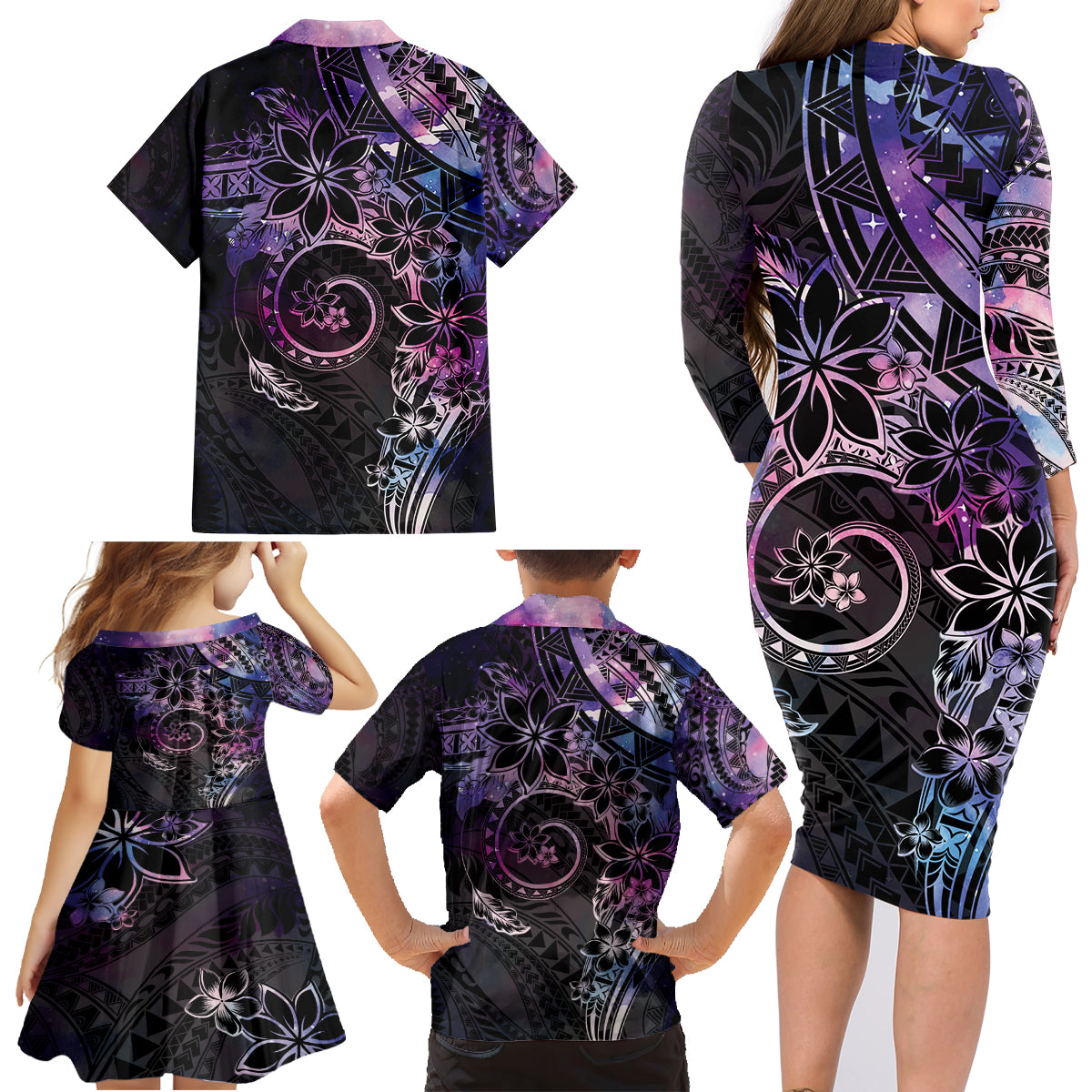 Polynesian Sunset Plumeria Family Matching Long Sleeve Bodycon Dress and Hawaiian Shirt Galaxy Polynesian Tattoo LT05 - Polynesian Pride