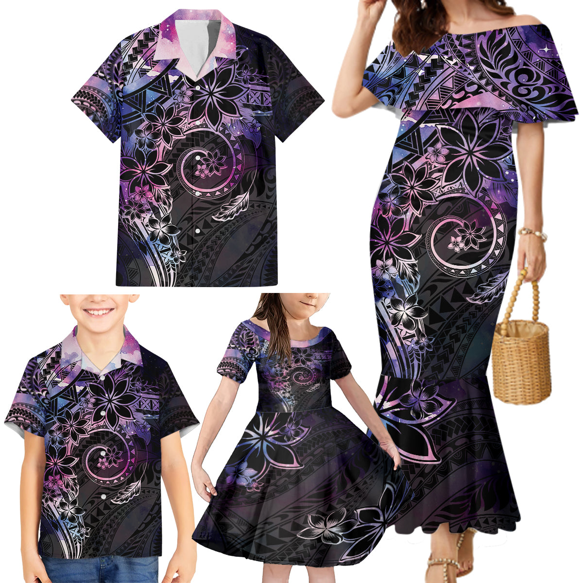Polynesian Sunset Plumeria Family Matching Mermaid Dress and Hawaiian Shirt Galaxy Polynesian Tattoo LT05 - Polynesian Pride