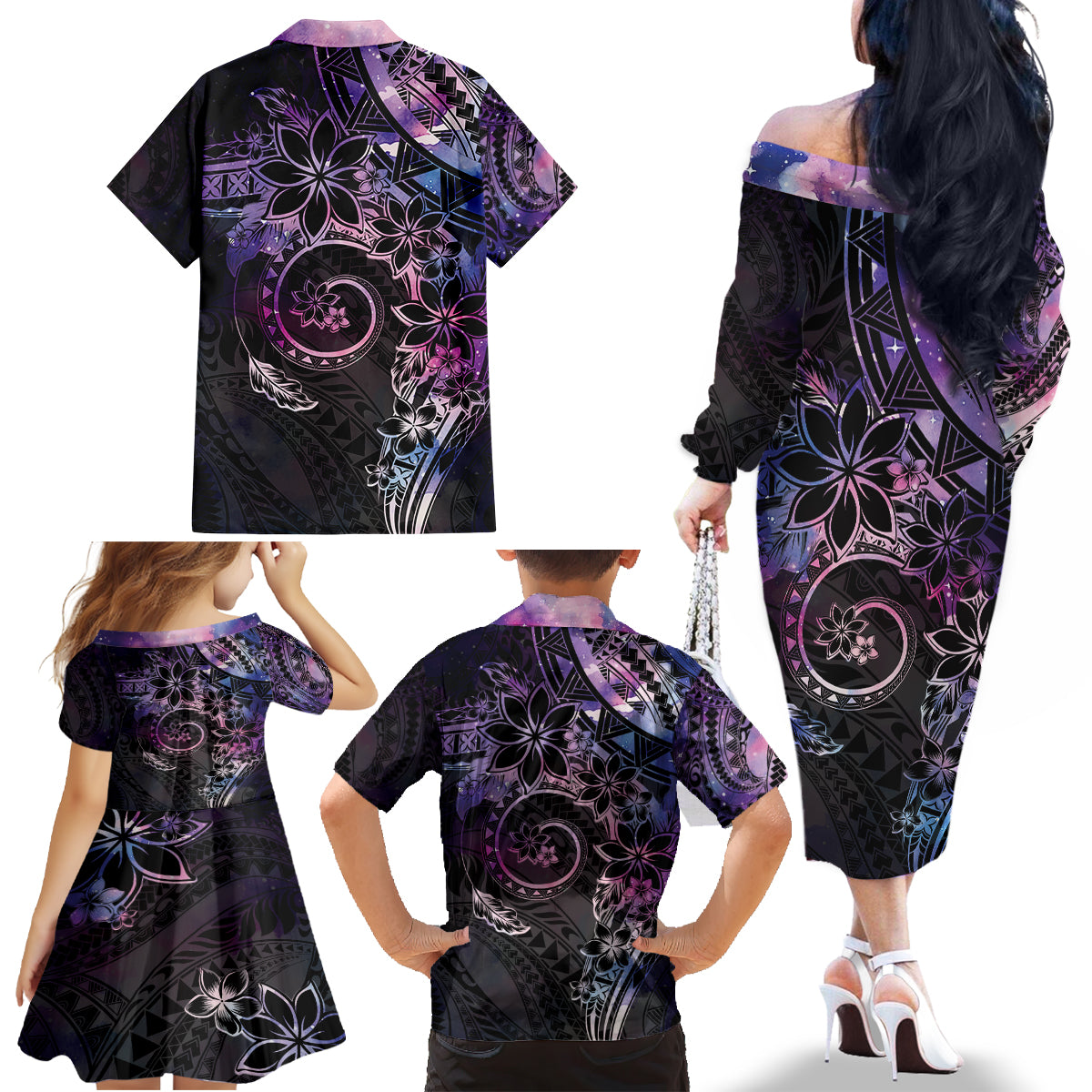 Polynesian Sunset Plumeria Family Matching Off The Shoulder Long Sleeve Dress and Hawaiian Shirt Galaxy Polynesian Tattoo LT05 - Polynesian Pride