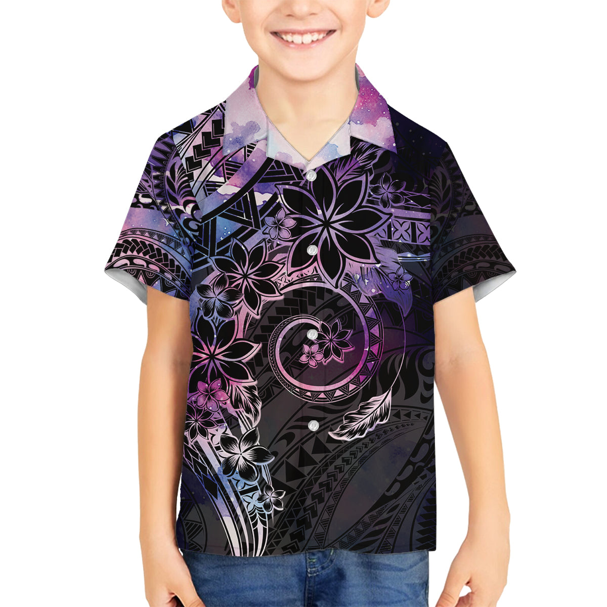 Polynesian Sunset Plumeria Family Matching Off Shoulder Short Dress and Hawaiian Shirt Galaxy Polynesian Tattoo LT05 Son's Shirt Galaxy - Polynesian Pride