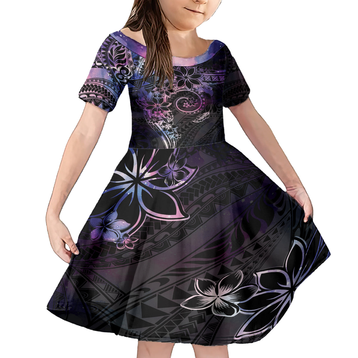 Polynesian Sunset Plumeria Family Matching Short Sleeve Bodycon Dress and Hawaiian Shirt Galaxy Polynesian Tattoo LT05 Daughter's Dress Galaxy - Polynesian Pride