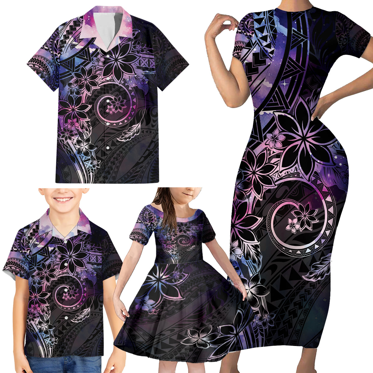 Polynesian Sunset Plumeria Family Matching Short Sleeve Bodycon Dress and Hawaiian Shirt Galaxy Polynesian Tattoo LT05 - Polynesian Pride