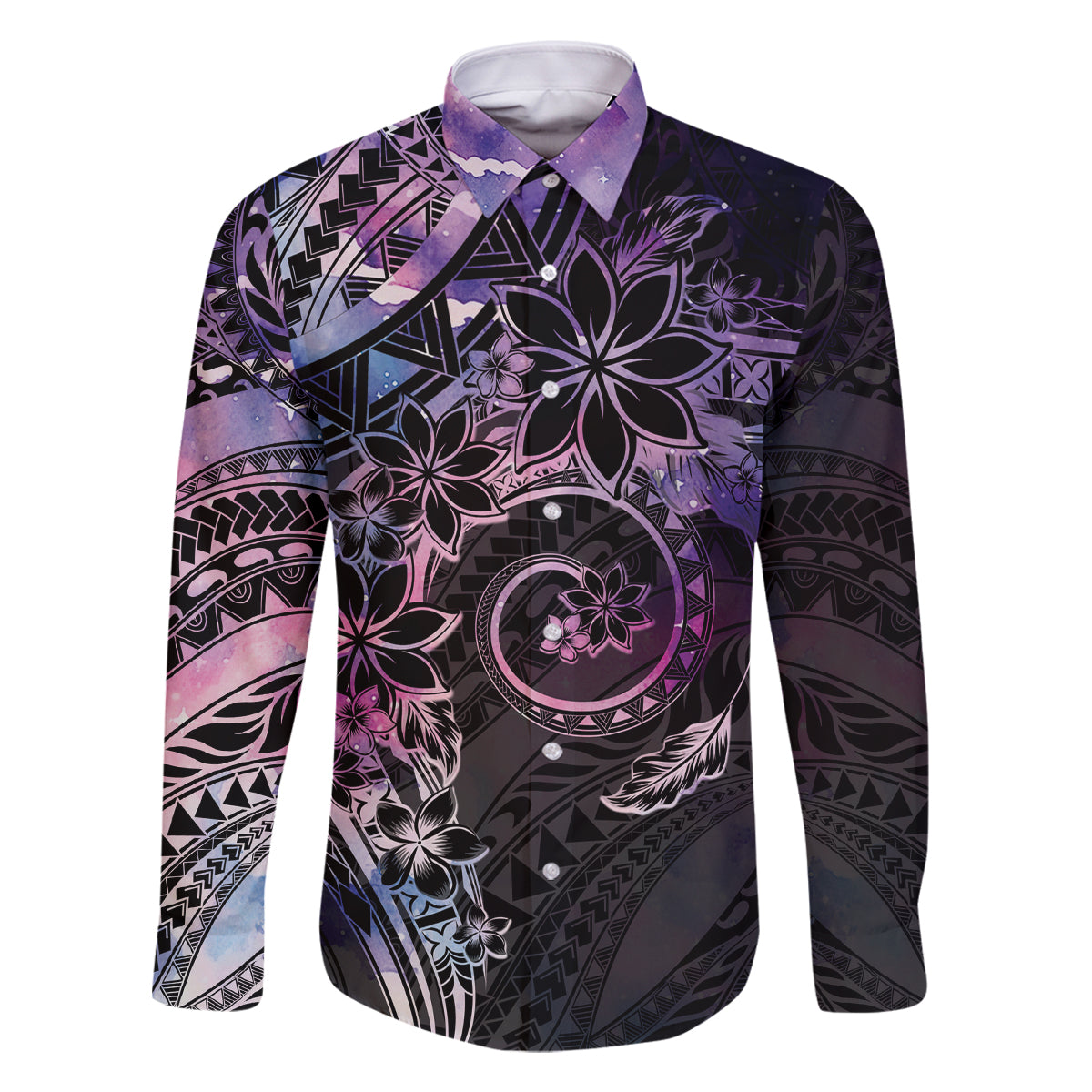 Polynesian Sunset Plumeria Family Matching Tank Maxi Dress and Hawaiian Shirt Galaxy Polynesian Tattoo LT05 Dad's Shirt - Long Sleeve Galaxy - Polynesian Pride