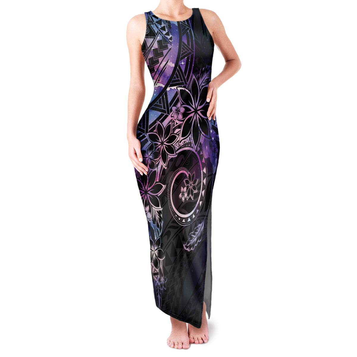Polynesian Sunset Plumeria Family Matching Tank Maxi Dress and Hawaiian Shirt Galaxy Polynesian Tattoo LT05 Mom's Dress Galaxy - Polynesian Pride