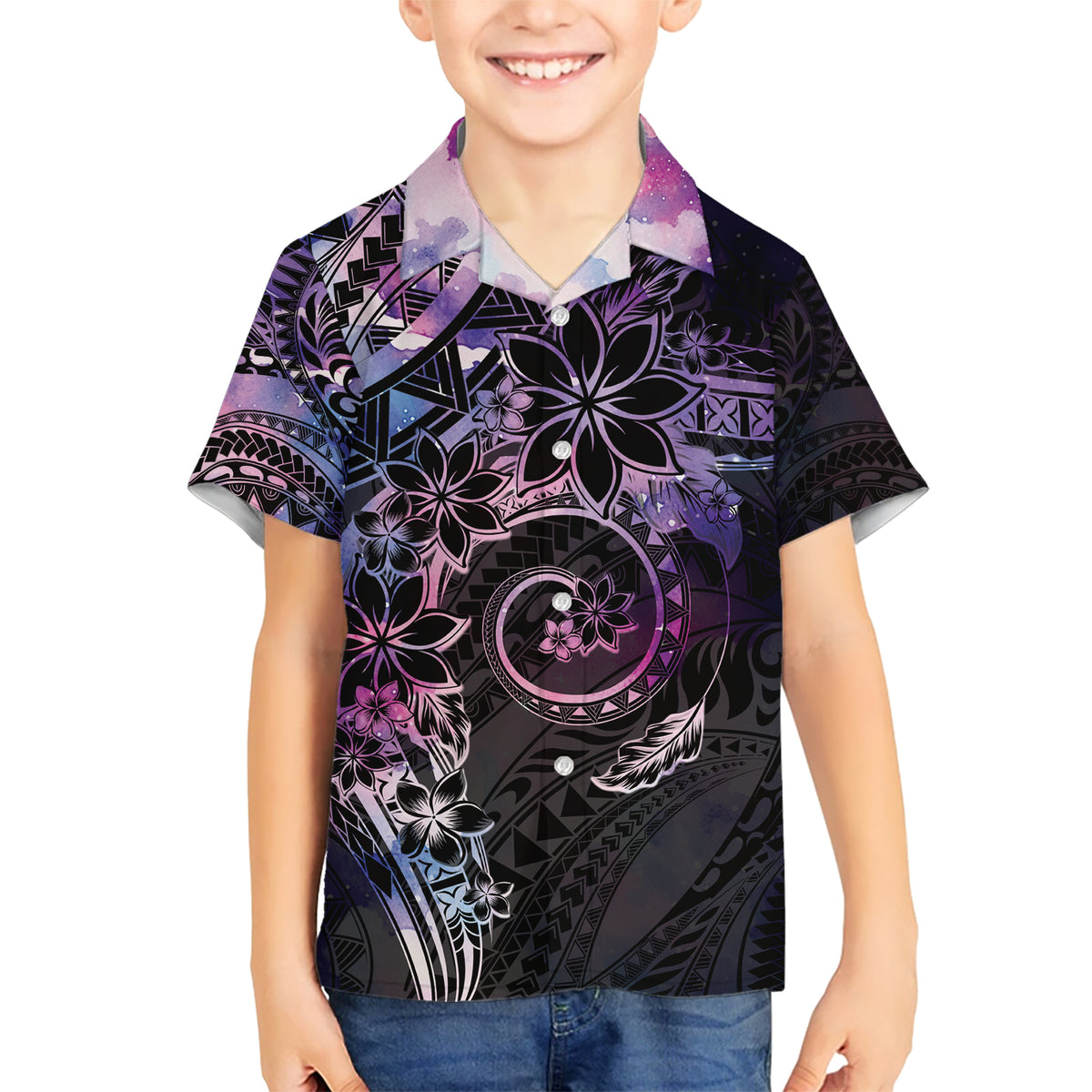 Polynesian Sunset Plumeria Kid Hawaiian Shirt Galaxy Polynesian Tattoo LT05 Kid Galaxy - Polynesian Pride