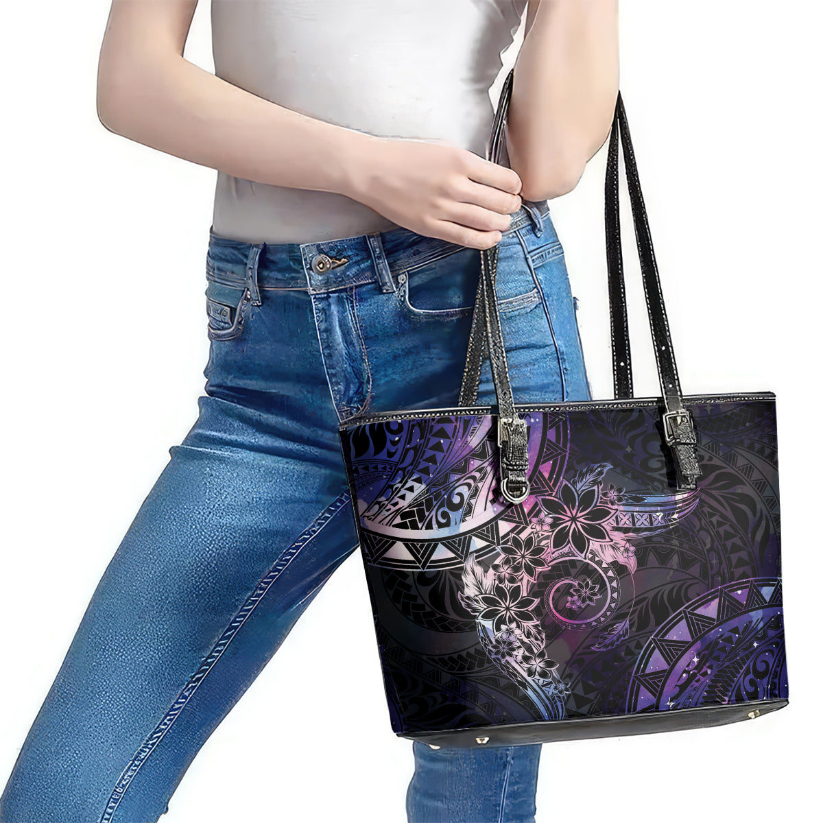 Polynesian Sunset Plumeria Leather Tote Bag Galaxy Polynesian Tattoo LT05 - Polynesian Pride