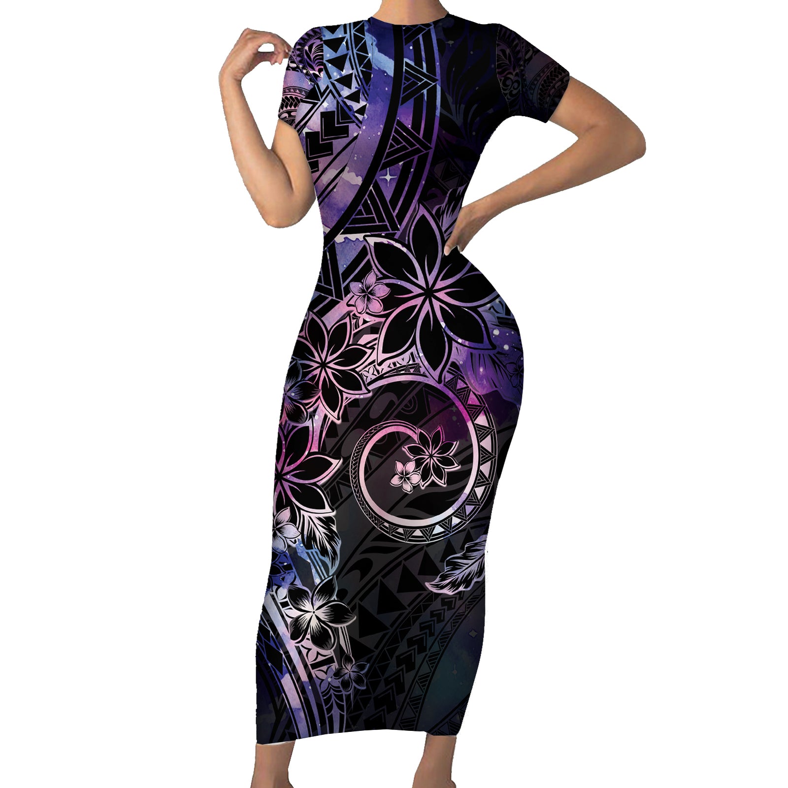 Polynesian Sunset Plumeria Short Sleeve Bodycon Dress Galaxy Polynesian Tattoo LT05 Long Dress Galaxy - Polynesian Pride