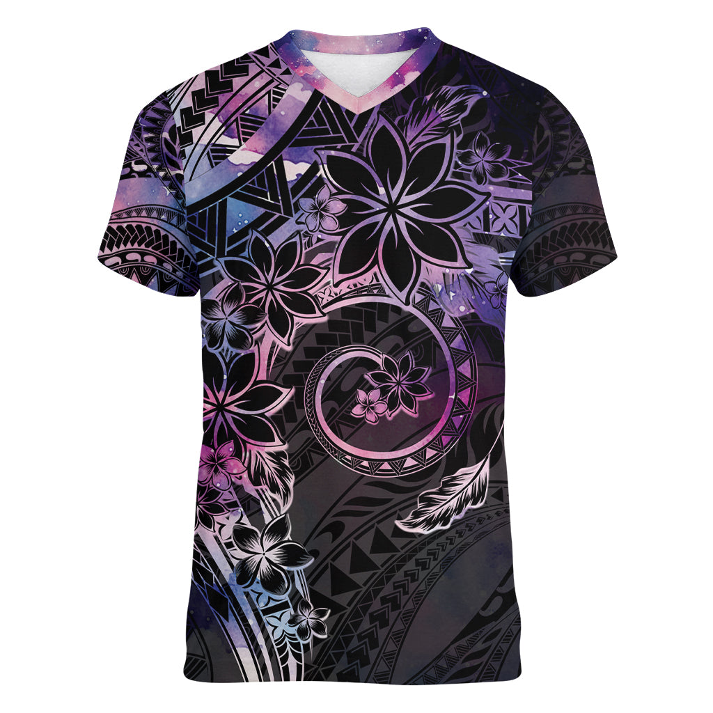 Polynesian Sunset Plumeria Women V-Neck T-Shirt Galaxy Polynesian Tattoo