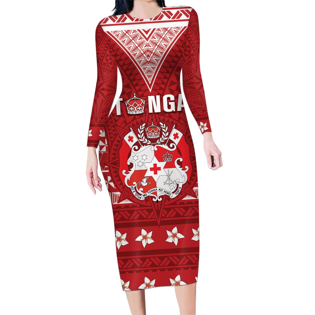 Tonga King Tupou VI Day Family Matching Long Sleeve Bodycon Dress and Hawaiian Shirt Traditional Tongan Kupesi Pattern LT05 Mom's Dress Red - Polynesian Pride