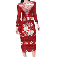 Tonga King Tupou VI Day Family Matching Long Sleeve Bodycon Dress and Hawaiian Shirt Traditional Tongan Kupesi Pattern LT05 Mom's Dress Red - Polynesian Pride