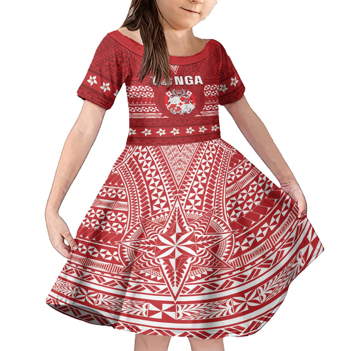 Tonga King Tupou VI Day Family Matching Off The Shoulder Long Sleeve Dress and Hawaiian Shirt Traditional Tongan Kupesi Pattern LT05 Daughter's Dress Red - Polynesian Pride