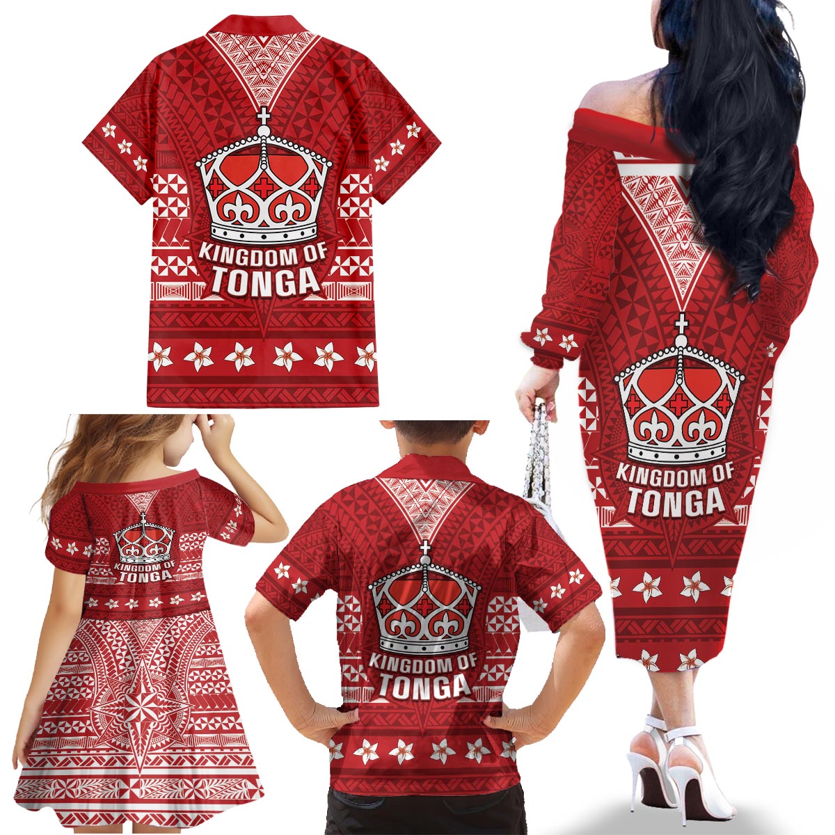Tonga King Tupou VI Day Family Matching Off The Shoulder Long Sleeve Dress and Hawaiian Shirt Traditional Tongan Kupesi Pattern LT05 - Polynesian Pride