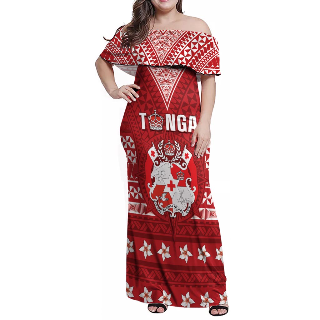 Tonga King Tupou VI Day Family Matching Off Shoulder Maxi Dress and Hawaiian Shirt Traditional Tongan Kupesi Pattern LT05 Mom's Dress Red - Polynesian Pride