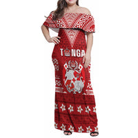 Tonga King Tupou VI Day Family Matching Off Shoulder Maxi Dress and Hawaiian Shirt Traditional Tongan Kupesi Pattern LT05 Mom's Dress Red - Polynesian Pride
