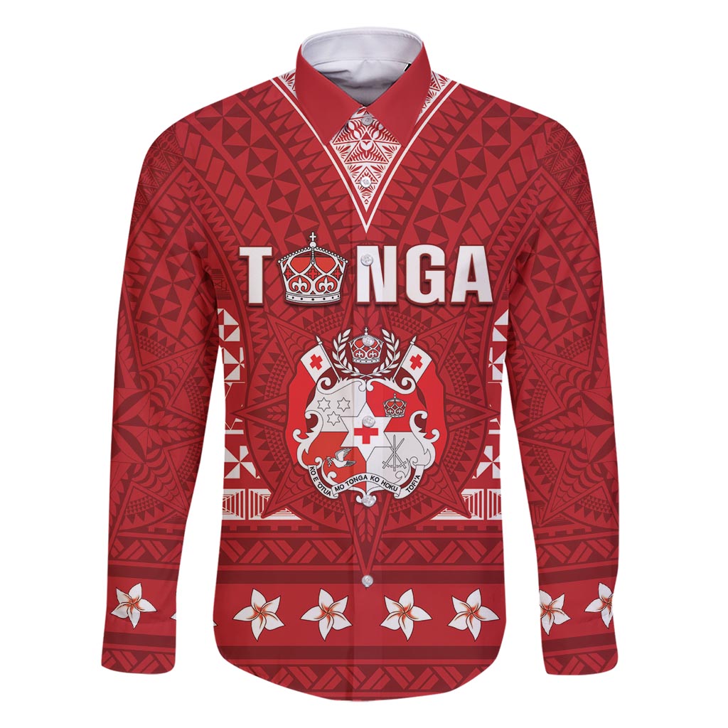 Tonga King Tupou VI Day Family Matching Off Shoulder Short Dress and Hawaiian Shirt Traditional Tongan Kupesi Pattern LT05 Dad's Shirt - Long Sleeve Red - Polynesian Pride