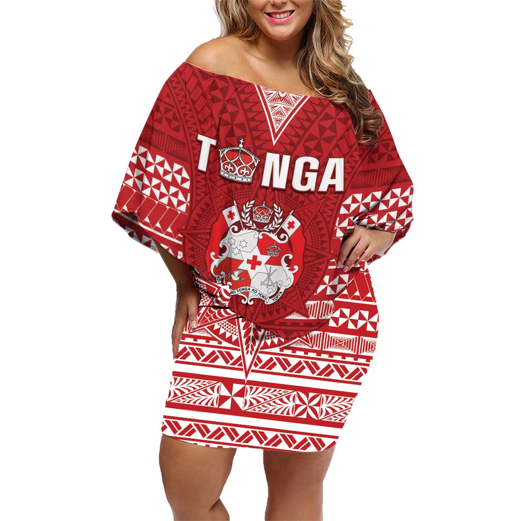 Tonga King Tupou VI Day Family Matching Off Shoulder Short Dress and Hawaiian Shirt Traditional Tongan Kupesi Pattern LT05 Mom's Dress Red - Polynesian Pride