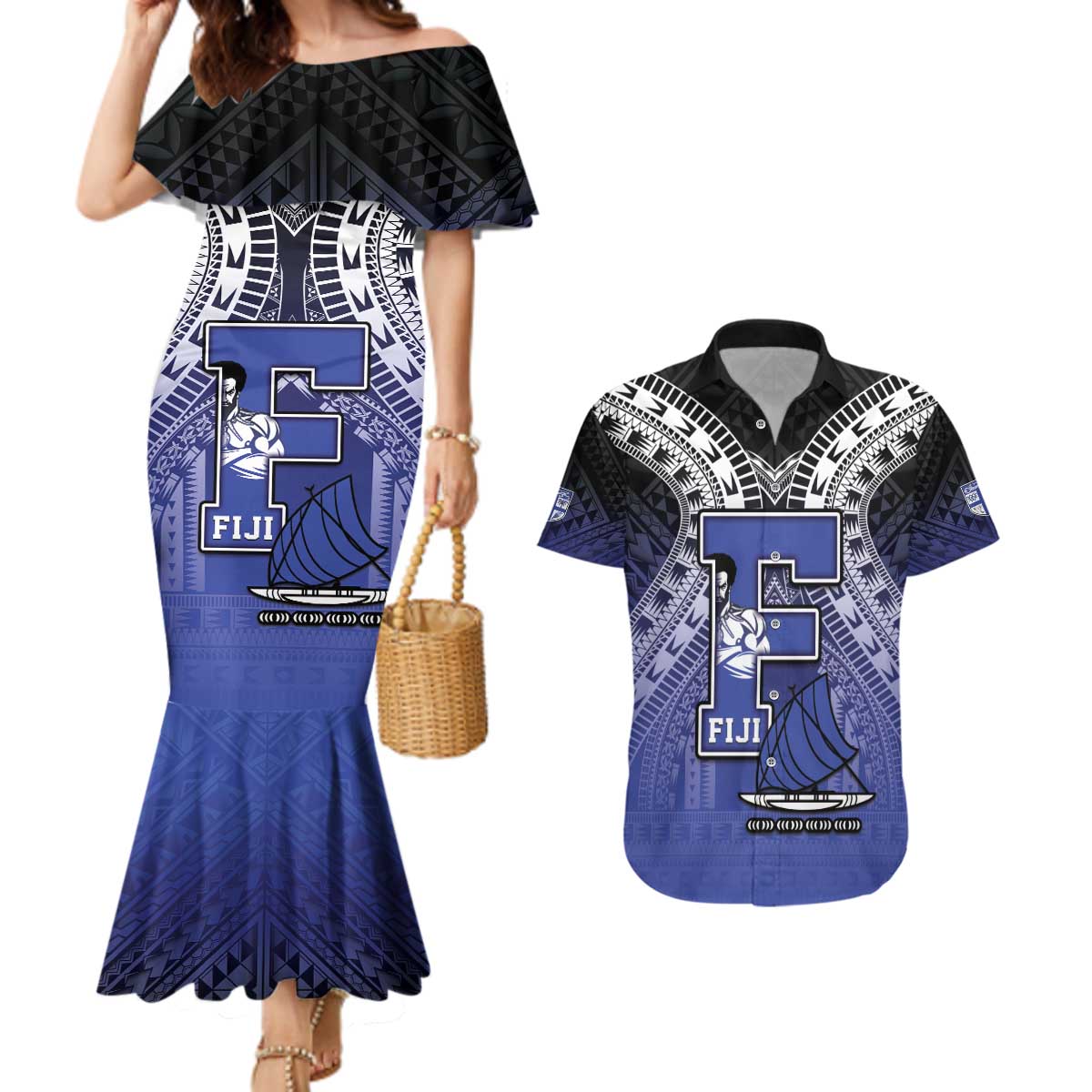 Custom Fiji Drua Couples Matching Mermaid Dress and Hawaiian Shirt Fijian Tapa Pattern
