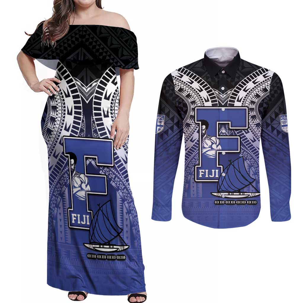 Custom Fiji Drua Couples Matching Off Shoulder Maxi Dress and Long Sleeve Button Shirt Fijian Tapa Pattern