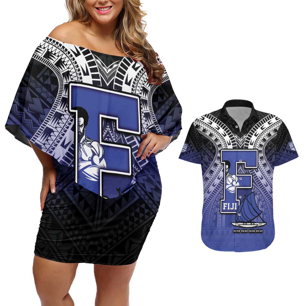 Custom Fiji Drua Couples Matching Off Shoulder Short Dress and Hawaiian Shirt Fijian Tapa Pattern