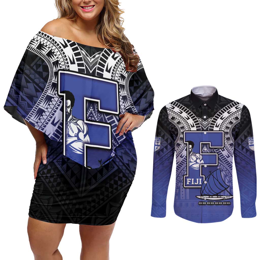 Custom Fiji Drua Couples Matching Off Shoulder Short Dress and Long Sleeve Button Shirt Fijian Tapa Pattern