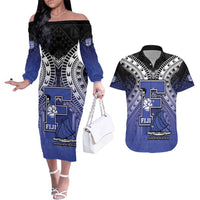 Custom Fiji Drua Couples Matching Off The Shoulder Long Sleeve Dress and Hawaiian Shirt Fijian Tapa Pattern