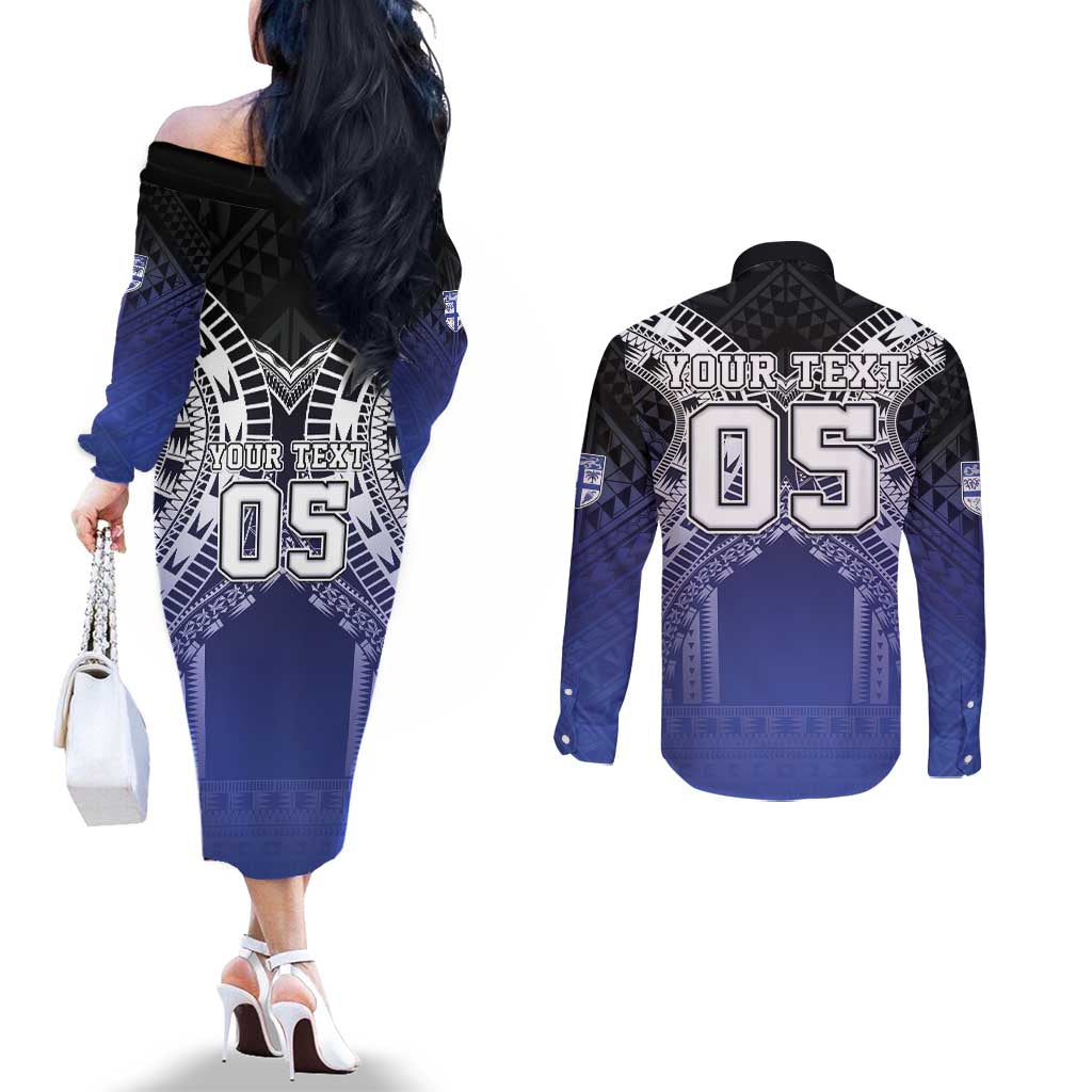 Custom Fiji Drua Couples Matching Off The Shoulder Long Sleeve Dress and Long Sleeve Button Shirt Fijian Tapa Pattern