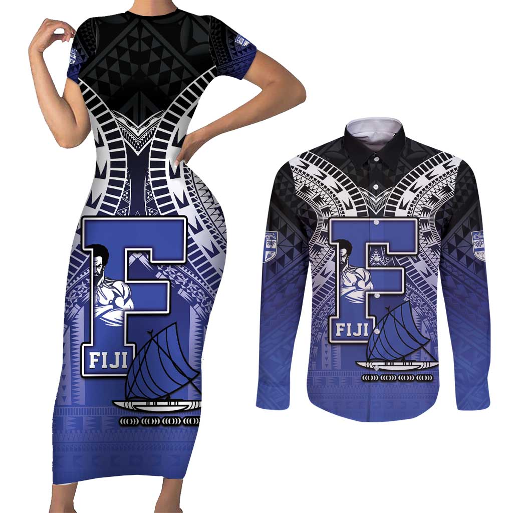 Custom Fiji Drua Couples Matching Short Sleeve Bodycon Dress and Long Sleeve Button Shirt Fijian Tapa Pattern