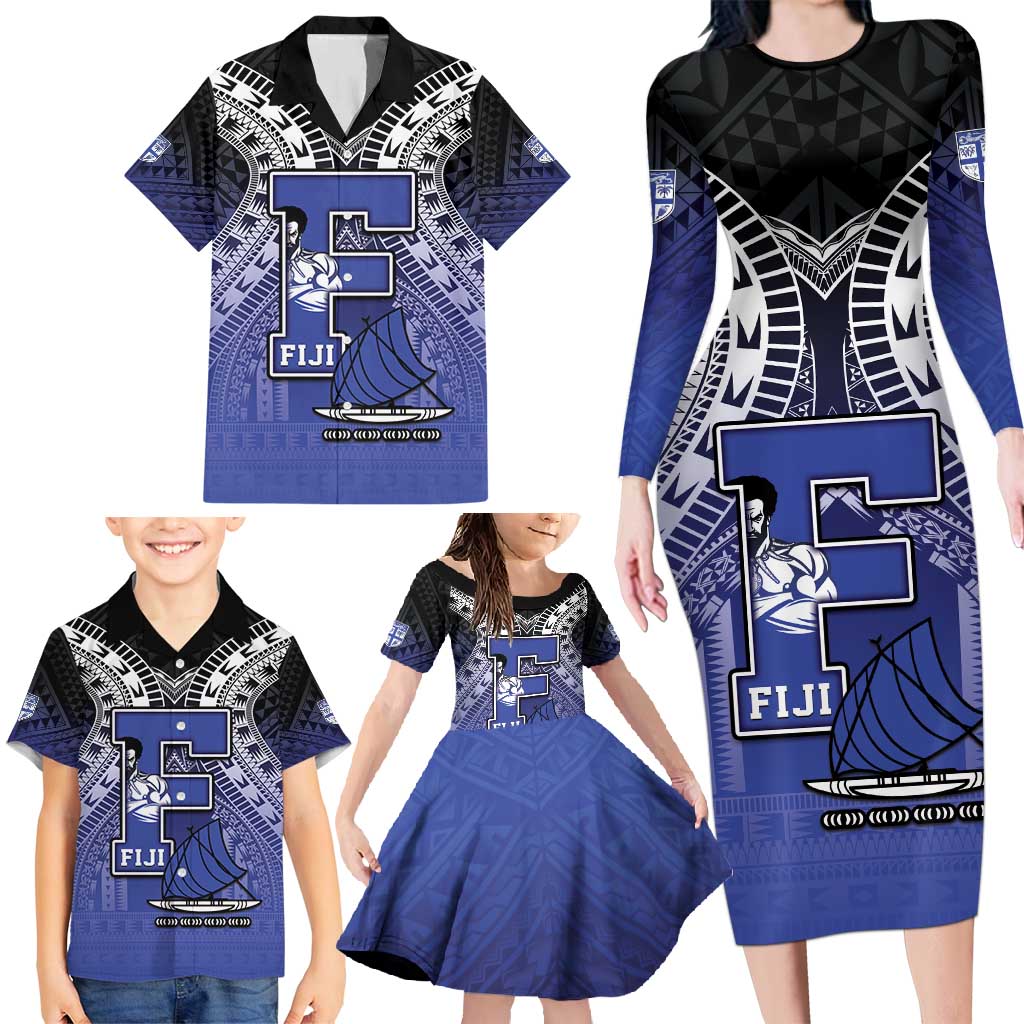 Custom Fiji Drua Family Matching Long Sleeve Bodycon Dress and Hawaiian Shirt Fijian Tapa Pattern LT05 - Polynesian Pride
