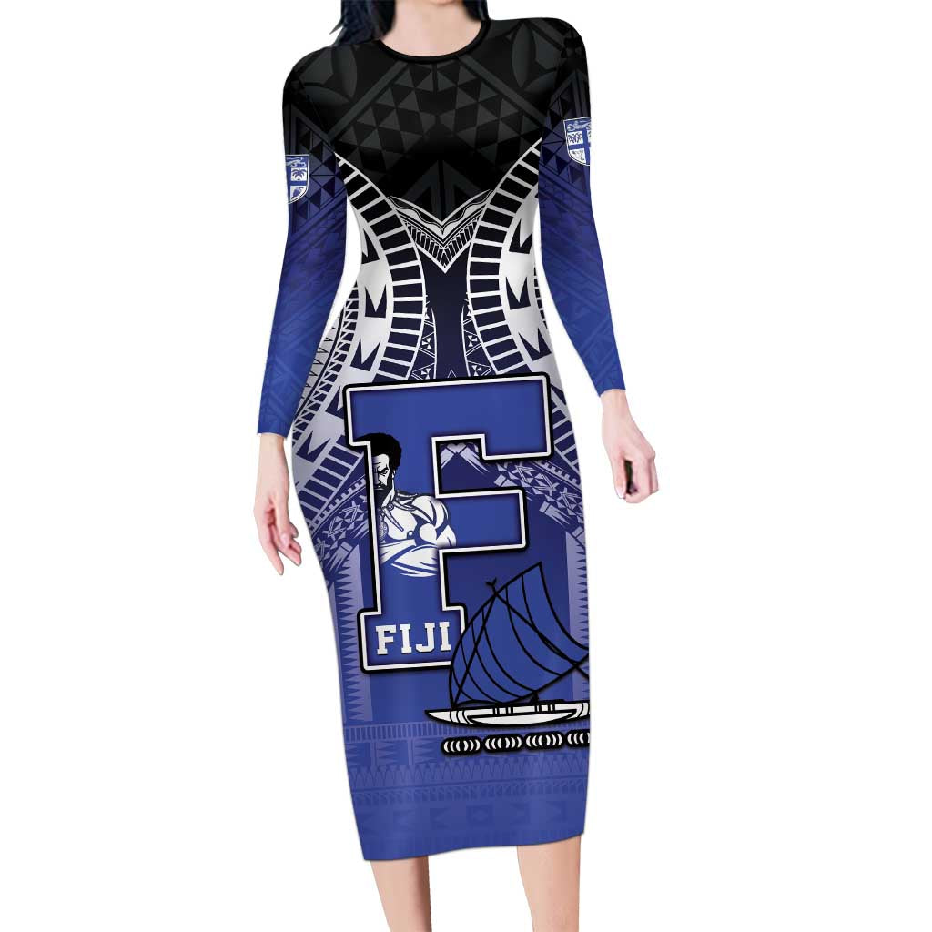 Custom Fiji Drua Family Matching Long Sleeve Bodycon Dress and Hawaiian Shirt Fijian Tapa Pattern LT05 Mom's Dress Blue - Polynesian Pride
