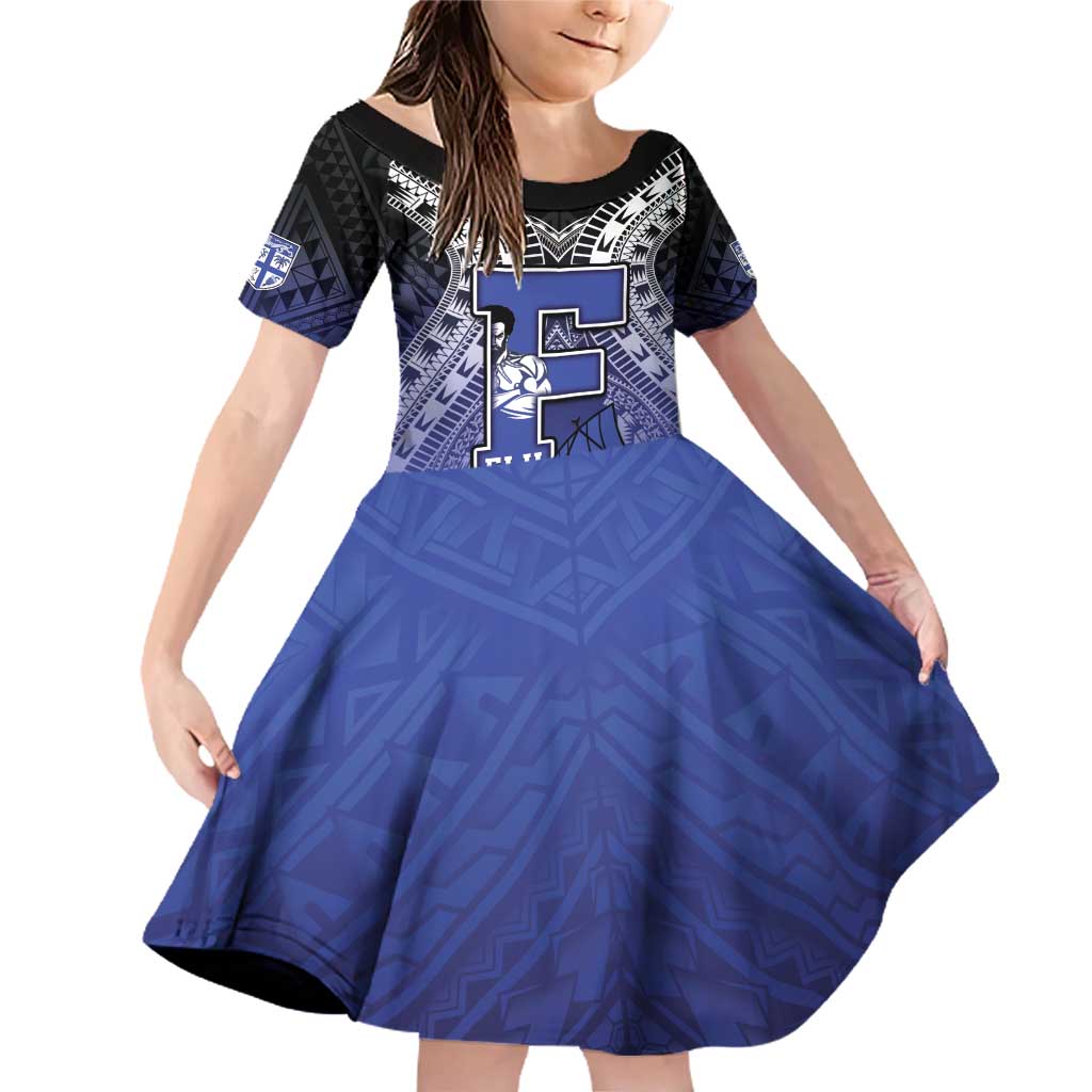 Custom Fiji Drua Family Matching Off Shoulder Short Dress and Hawaiian Shirt Fijian Tapa Pattern LT05 Daughter's Dress Blue - Polynesian Pride