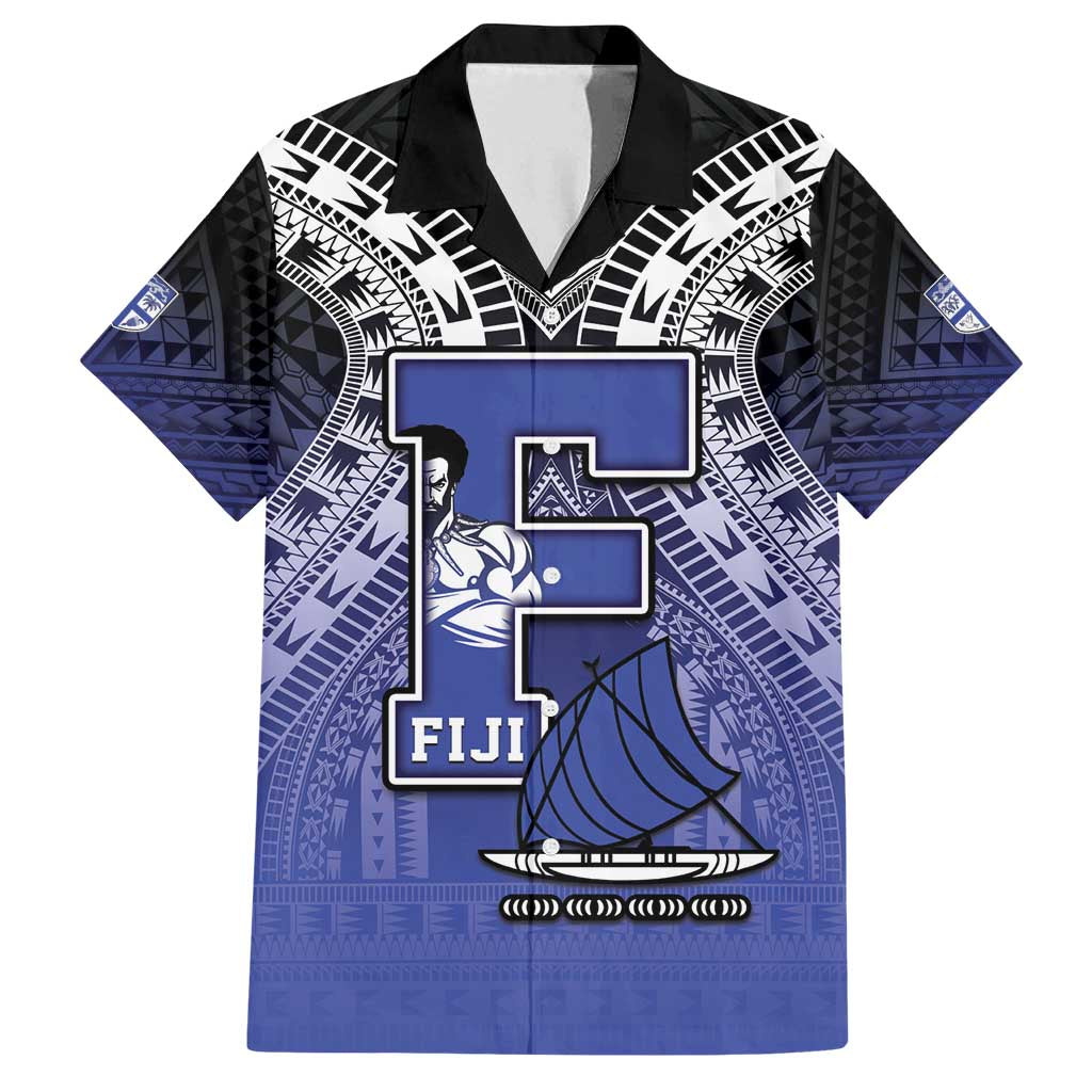 Custom Fiji Drua Family Matching Off Shoulder Short Dress and Hawaiian Shirt Fijian Tapa Pattern LT05 Dad's Shirt - Short Sleeve Blue - Polynesian Pride