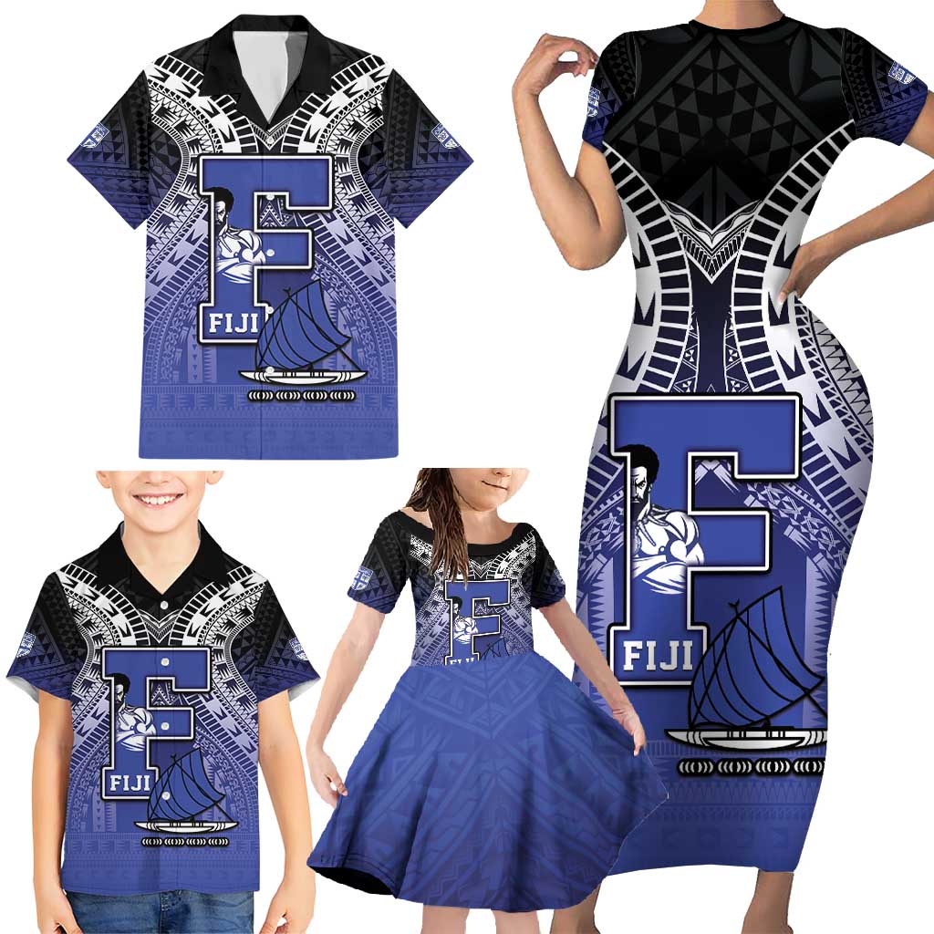 Custom Fiji Drua Family Matching Short Sleeve Bodycon Dress and Hawaiian Shirt Fijian Tapa Pattern LT05 - Polynesian Pride