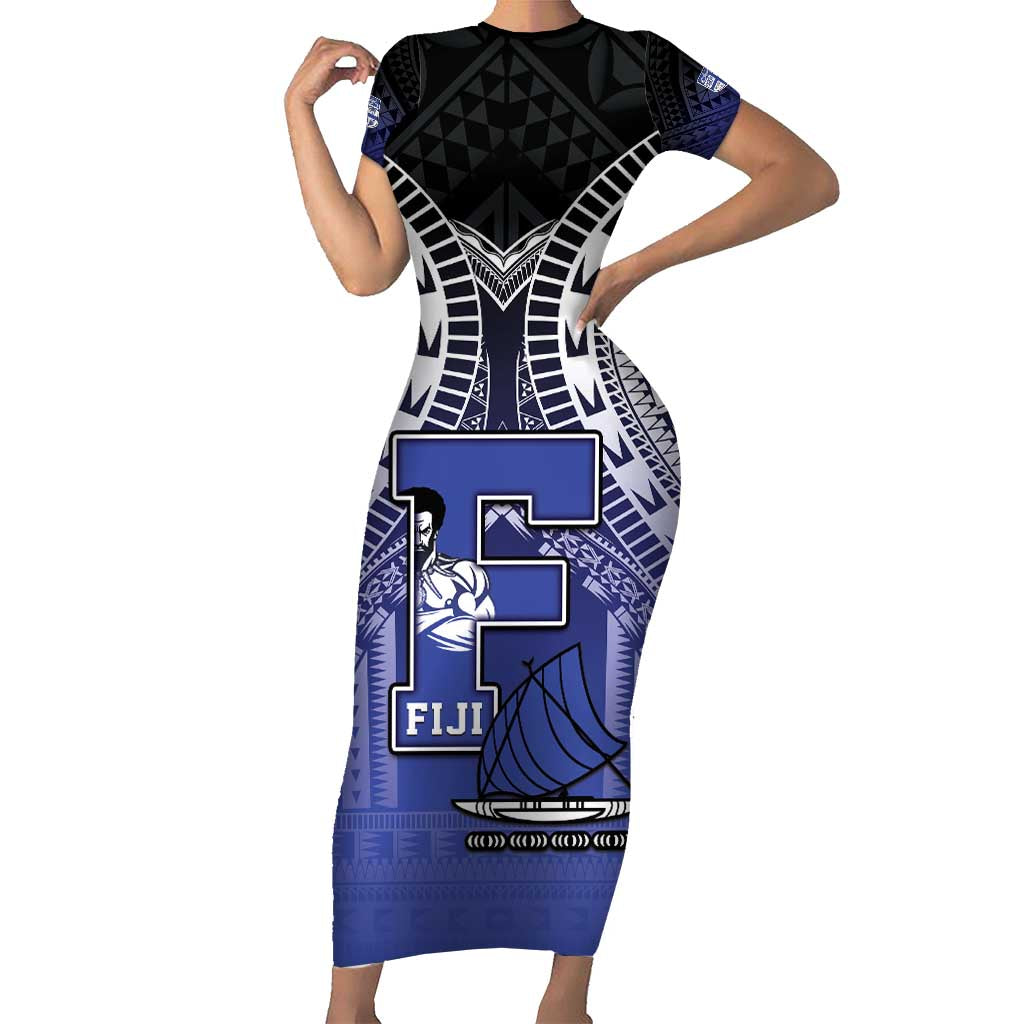 Custom Fiji Drua Family Matching Short Sleeve Bodycon Dress and Hawaiian Shirt Fijian Tapa Pattern LT05 Mom's Dress Blue - Polynesian Pride