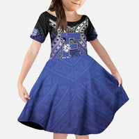 Custom Fiji Drua Family Matching Tank Maxi Dress and Hawaiian Shirt Fijian Tapa Pattern LT05 Daughter's Dress Blue - Polynesian Pride