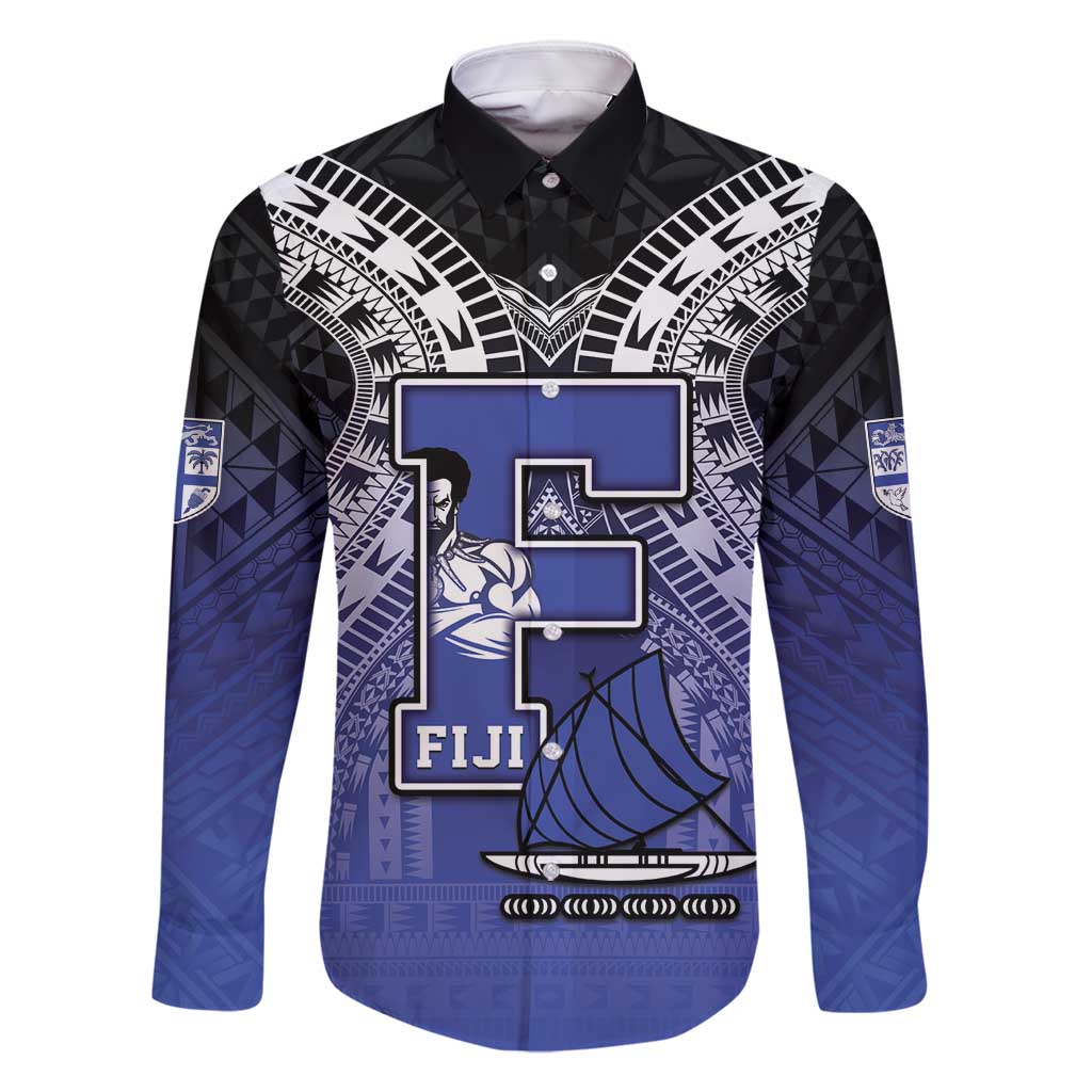 Custom Fiji Drua Family Matching Tank Maxi Dress and Hawaiian Shirt Fijian Tapa Pattern LT05 Dad's Shirt - Long Sleeve Blue - Polynesian Pride