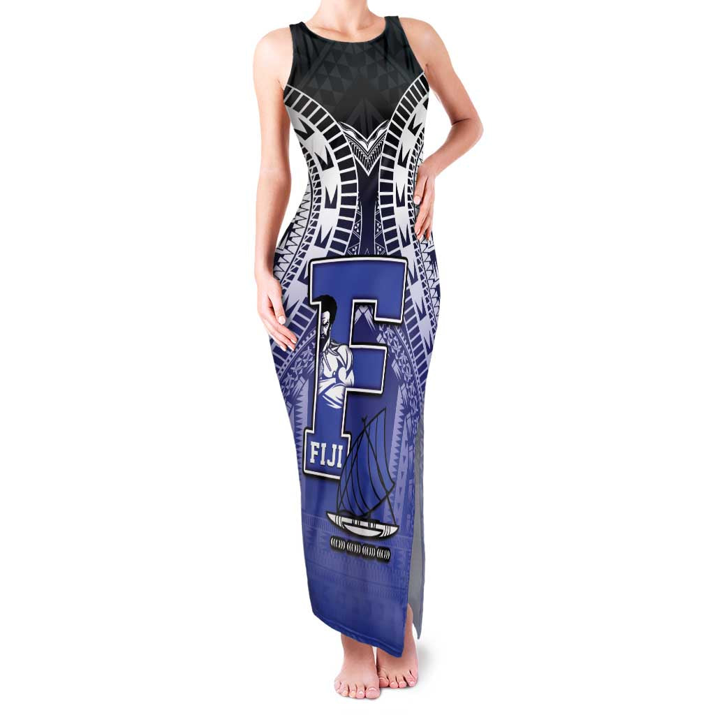 Custom Fiji Drua Family Matching Tank Maxi Dress and Hawaiian Shirt Fijian Tapa Pattern LT05 Mom's Dress Blue - Polynesian Pride