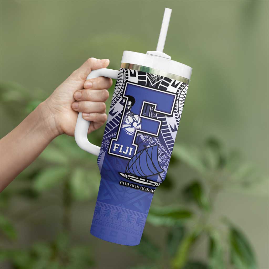 Custom Fiji Drua Tumbler With Handle Fijian Tapa Pattern