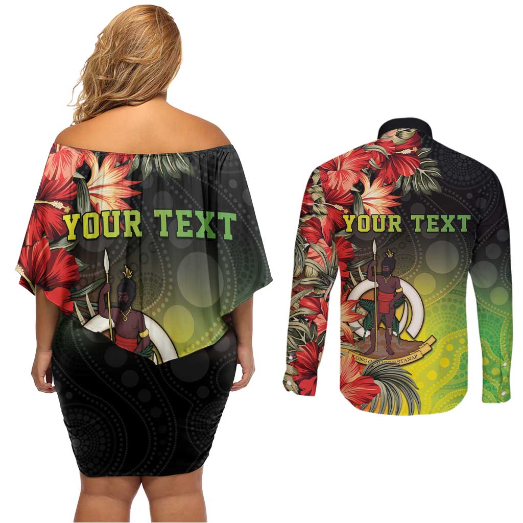 Aboriginal Dot Art Vanuatu Personalised Couples Matching Off Shoulder Short Dress and Long Sleeve Button Shirt Tropical Flowers LT05 - Polynesian Pride