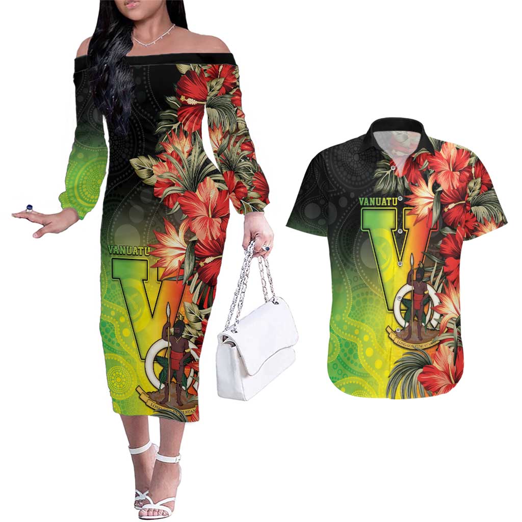 Aboriginal Dot Art Vanuatu Personalised Couples Matching Off The Shoulder Long Sleeve Dress and Hawaiian Shirt Tropical Flowers
