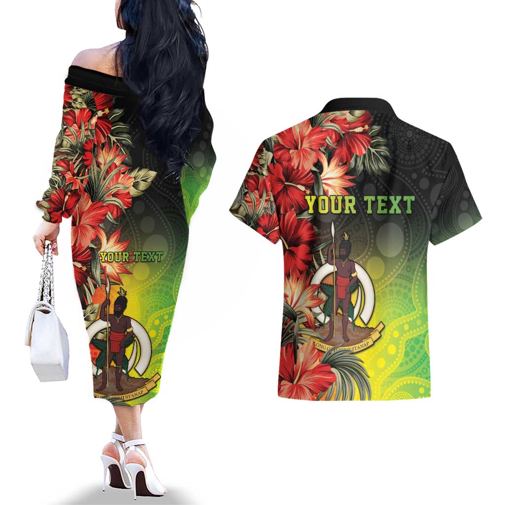 Aboriginal Dot Art Vanuatu Personalised Couples Matching Off The Shoulder Long Sleeve Dress and Hawaiian Shirt Tropical Flowers