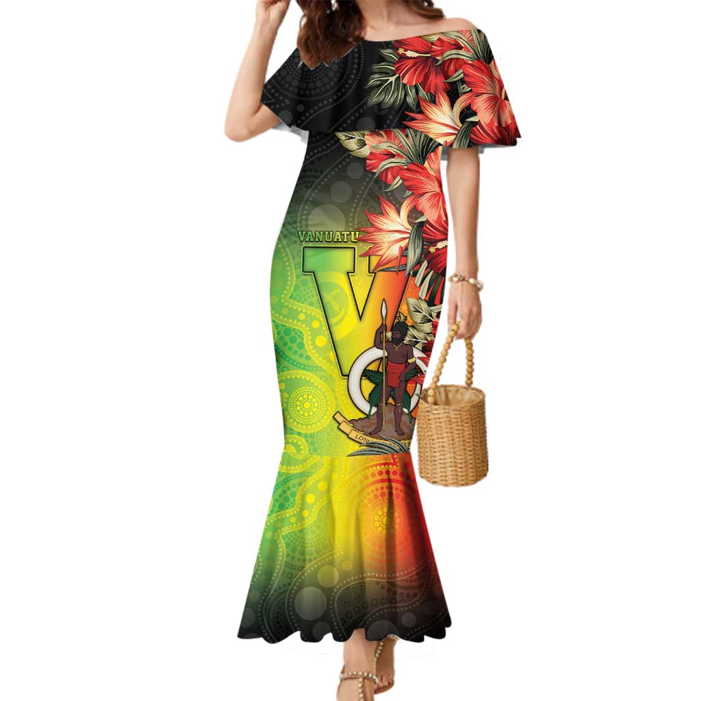 Aboriginal Dot Art Vanuatu Personalised Family Matching Mermaid Dress and Hawaiian Shirt Tropical Flowers LT05 Mom's Dress Reggae - Polynesian Pride