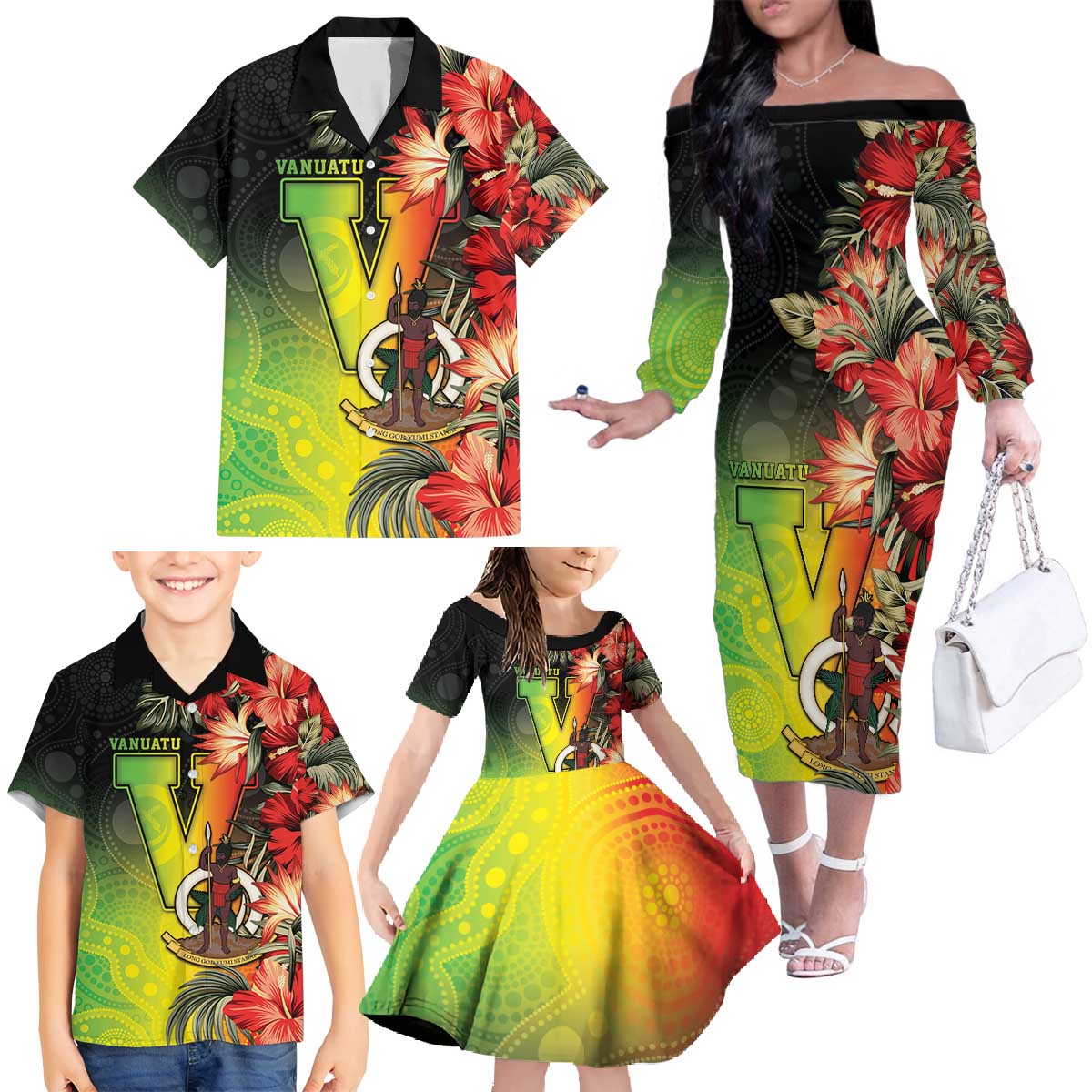 Aboriginal Dot Art Vanuatu Personalised Family Matching Off The Shoulder Long Sleeve Dress and Hawaiian Shirt Tropical Flowers LT05 - Polynesian Pride
