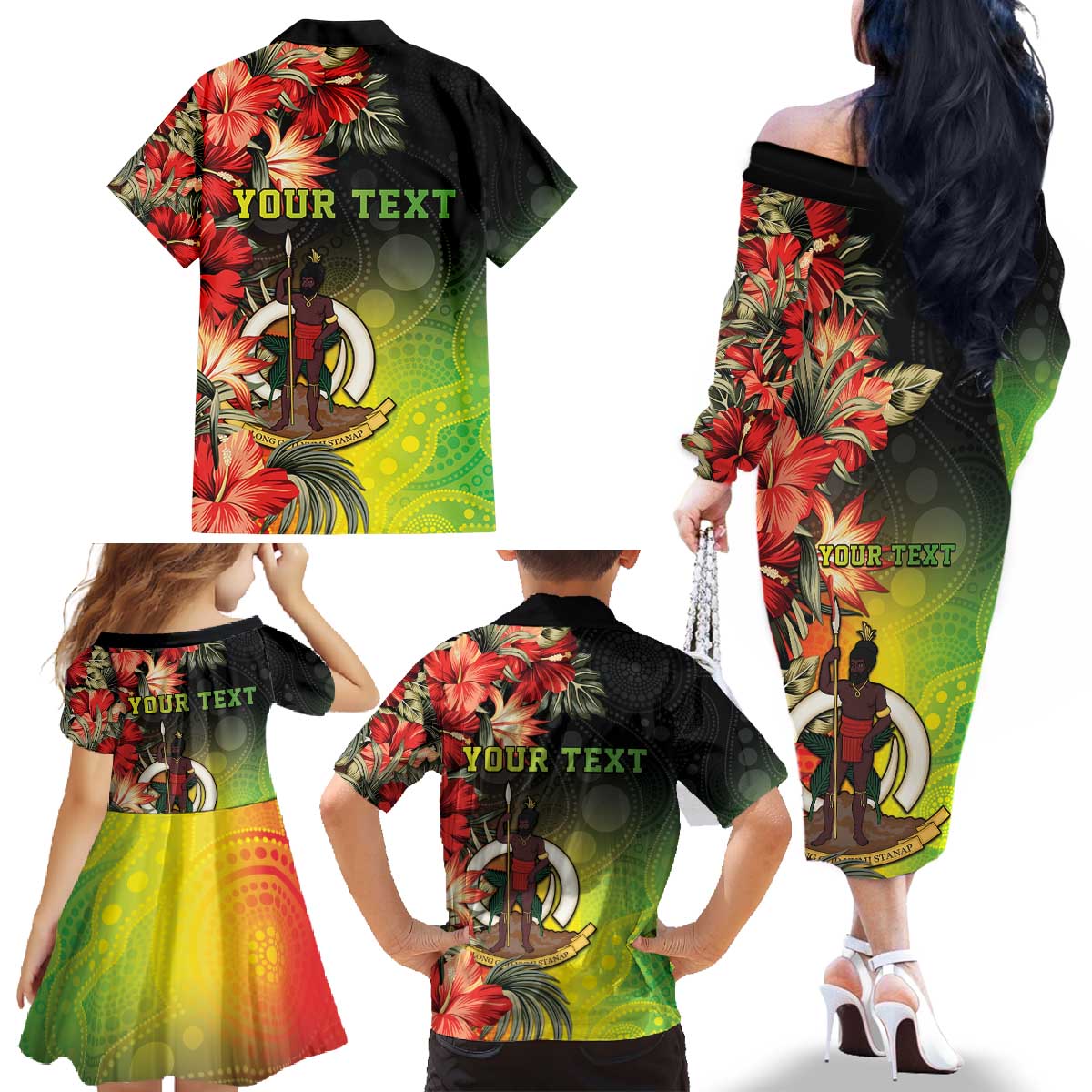 Aboriginal Dot Art Vanuatu Personalised Family Matching Off The Shoulder Long Sleeve Dress and Hawaiian Shirt Tropical Flowers LT05 - Polynesian Pride