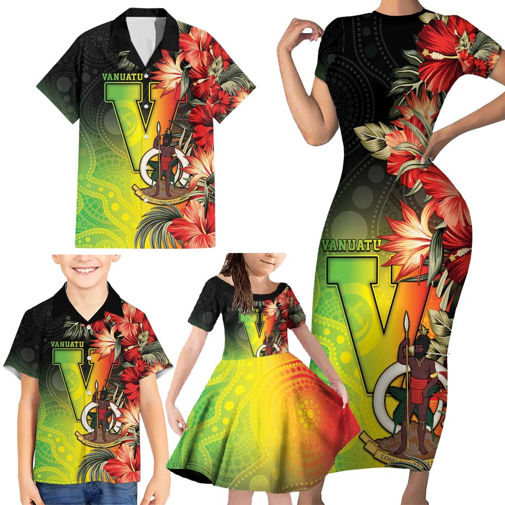 Aboriginal Dot Art Vanuatu Personalised Family Matching Short Sleeve Bodycon Dress and Hawaiian Shirt Tropical Flowers LT05 - Polynesian Pride