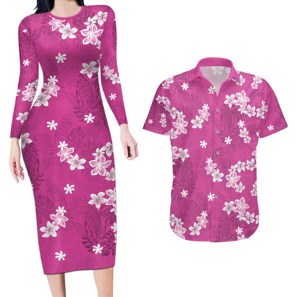 Hawaii Monstera Deliciosa Couples Matching Long Sleeve Bodycon Dress and Hawaiian Shirt Pink Plumeria Polynesian Pattern LT05 Pink - Polynesian Pride